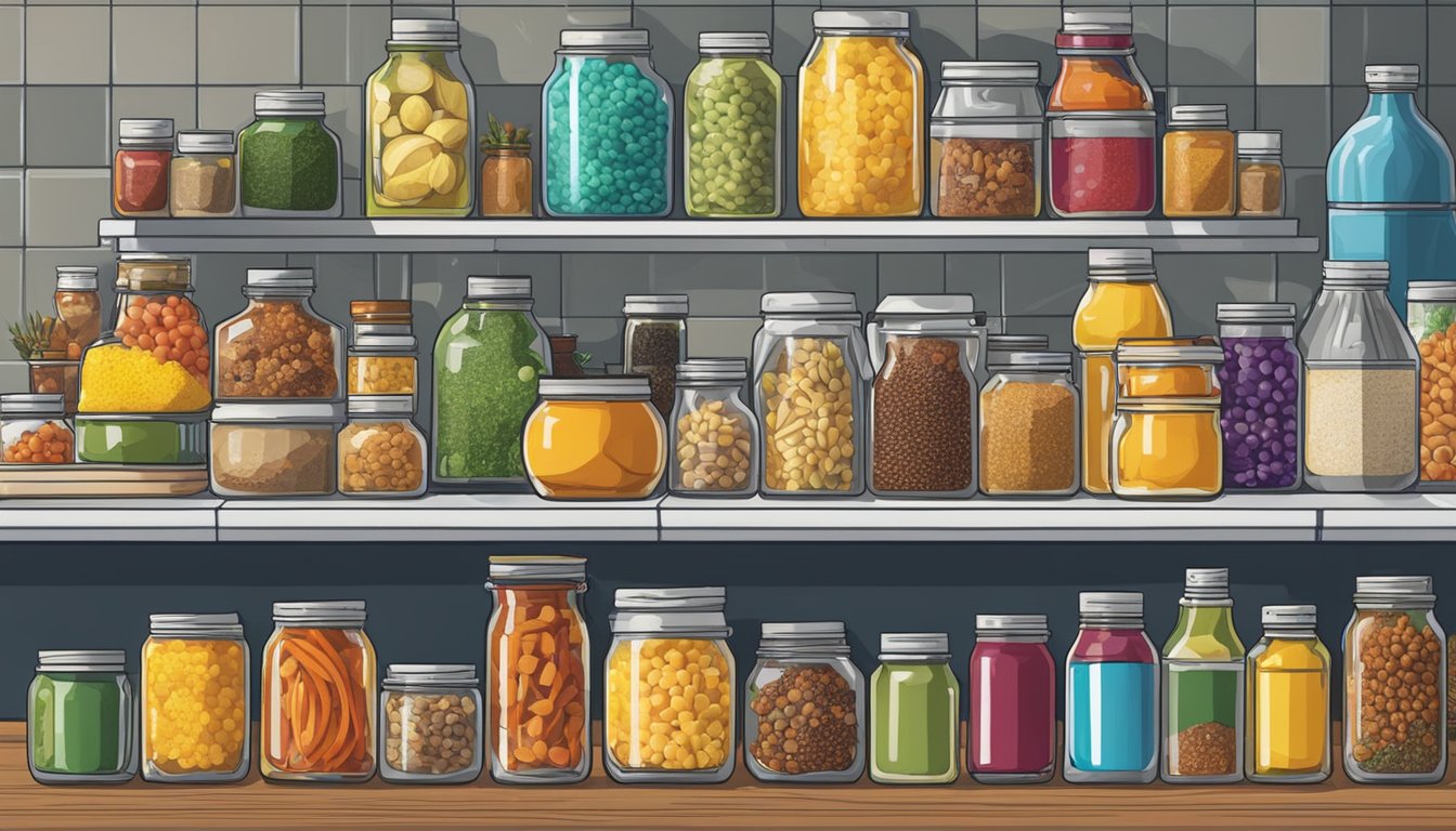 A kitchen counter filled with various cans of food, surrounded by an array of colorful spices and bottles of oils and fats