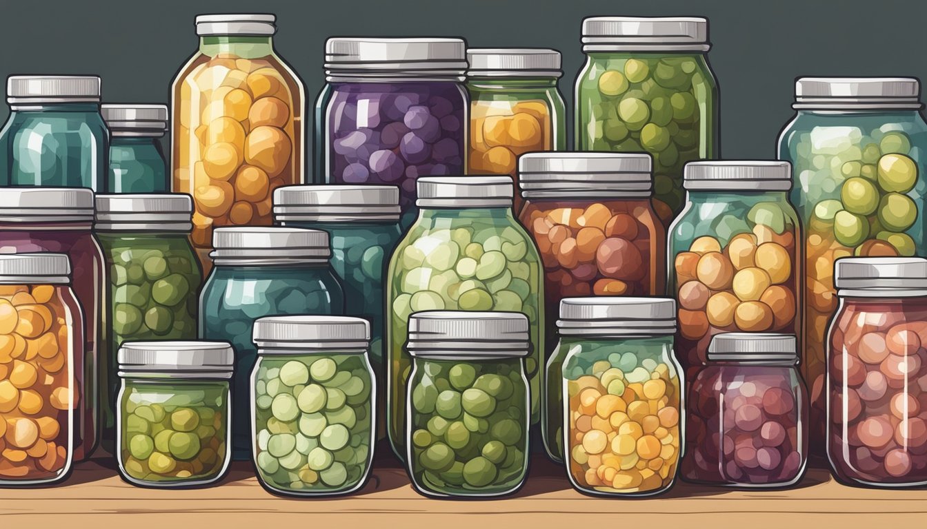 A glass jar filled with bubbling homemade fermentations sits next to a row of sealed cans, showcasing the probiotic powerhouse of fermentation meeting canning