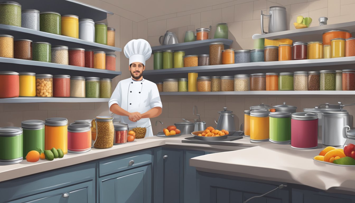 A cozy kitchen filled with colorful cans of fruits and spices, with a chef's hat and apron hanging on a hook