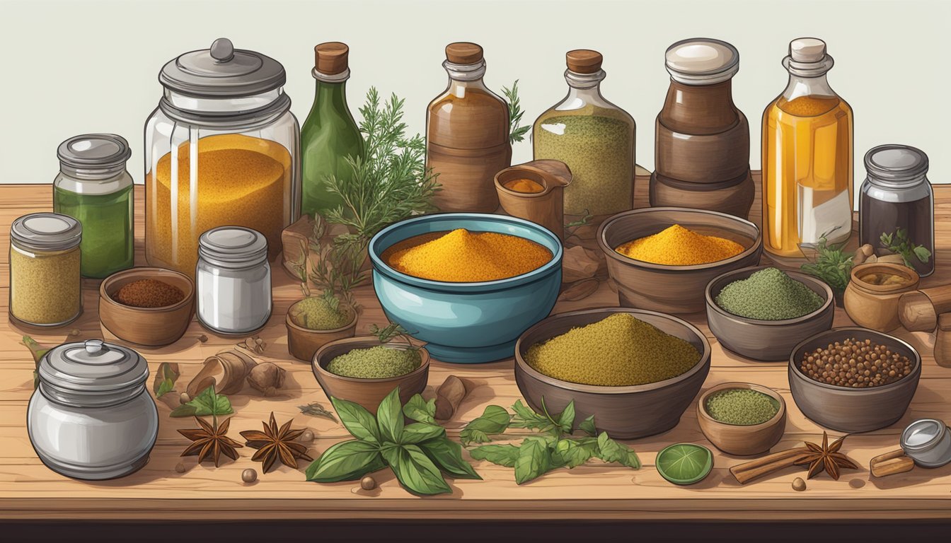 A table scattered with various spices, herbs, and canned goods, with a bubbling pot of liquid in the center