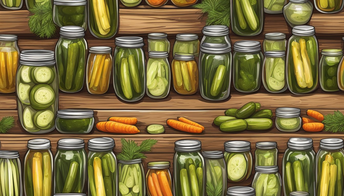 A rustic wooden board displays an array of pickles, neatly arranged in rows and garnished with fresh herbs. Small jars and bowls hold pickled vegetables, creating a visually appealing and appetizing pickle platter