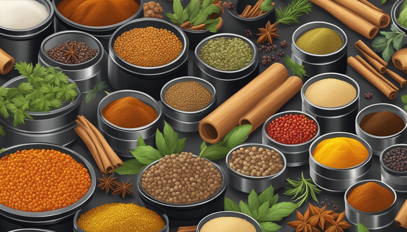 A table filled with assorted canned goods surrounded by an array of colorful spices and herbs, with a mortar and pestle in the center