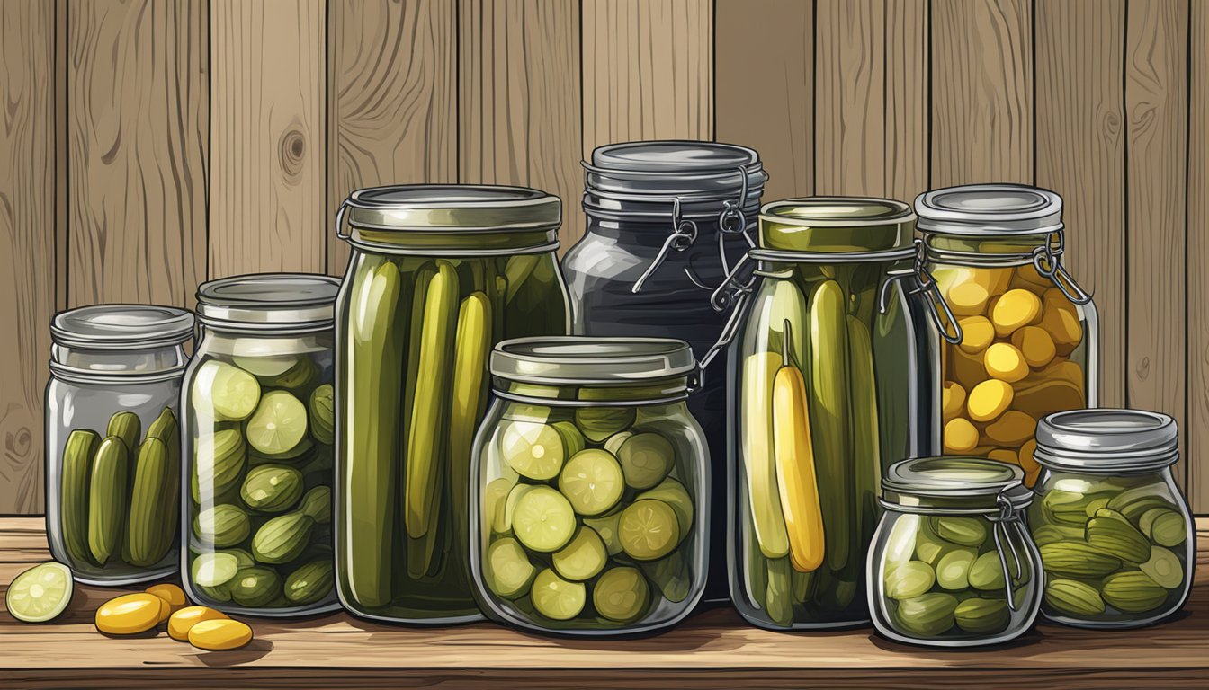 A beautifully arranged assortment of pickles, jars, and decorative elements displayed on a rustic wooden table