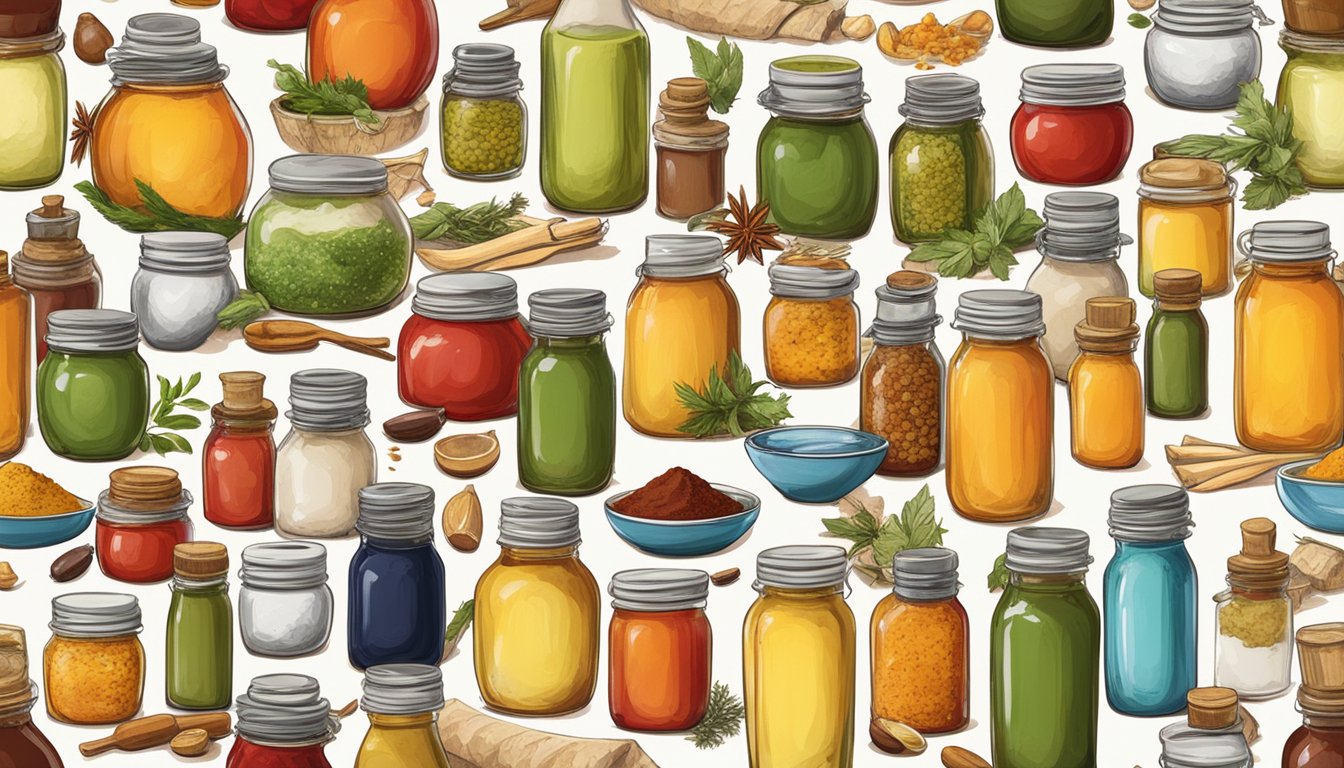 A table lined with an array of colorful jars and bottles filled with various condiments and sauces, surrounded by scattered spices and herbs