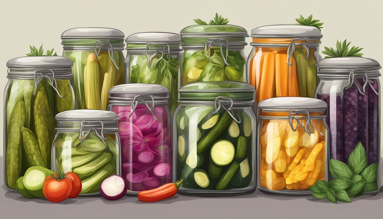 A table set with an array of colorful pickles, displayed in decorative jars and arranged with fresh herbs and spices