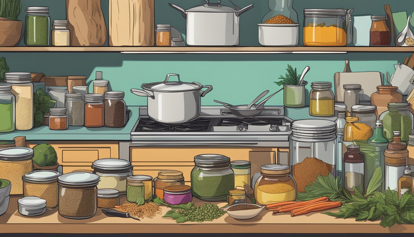 A cluttered kitchen counter with various spices, canned goods, and cooking utensils scattered around. A cookbook titled "The Flavor Alchemist" is open to a page on spicing up canned goods