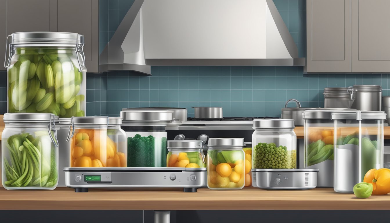 A modern kitchen with traditional canning equipment alongside digital devices for food preservation