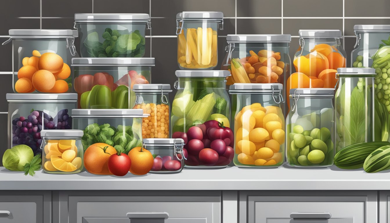 A kitchen counter filled with glass jars of various sizes, filled with colorful fruits and vegetables, surrounded by pots, pans, and utensils for pickling