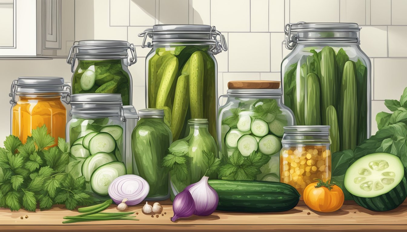 A kitchen counter with various pickling ingredients such as cucumbers, onions, and herbs, alongside glass jars, vinegar, and spices