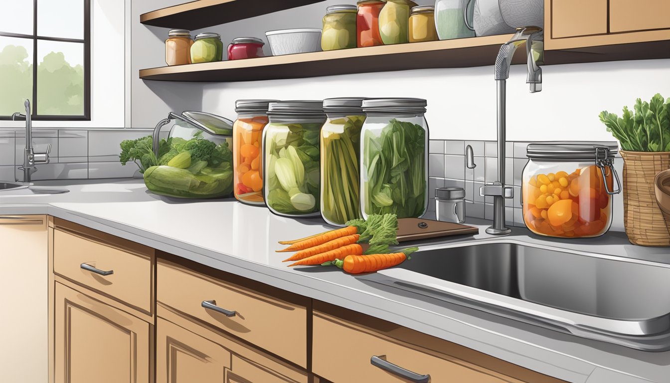 A kitchen counter with jars of pickled vegetables, fresh produce, vinegar, and spices. A compost bin and recycling bin nearby