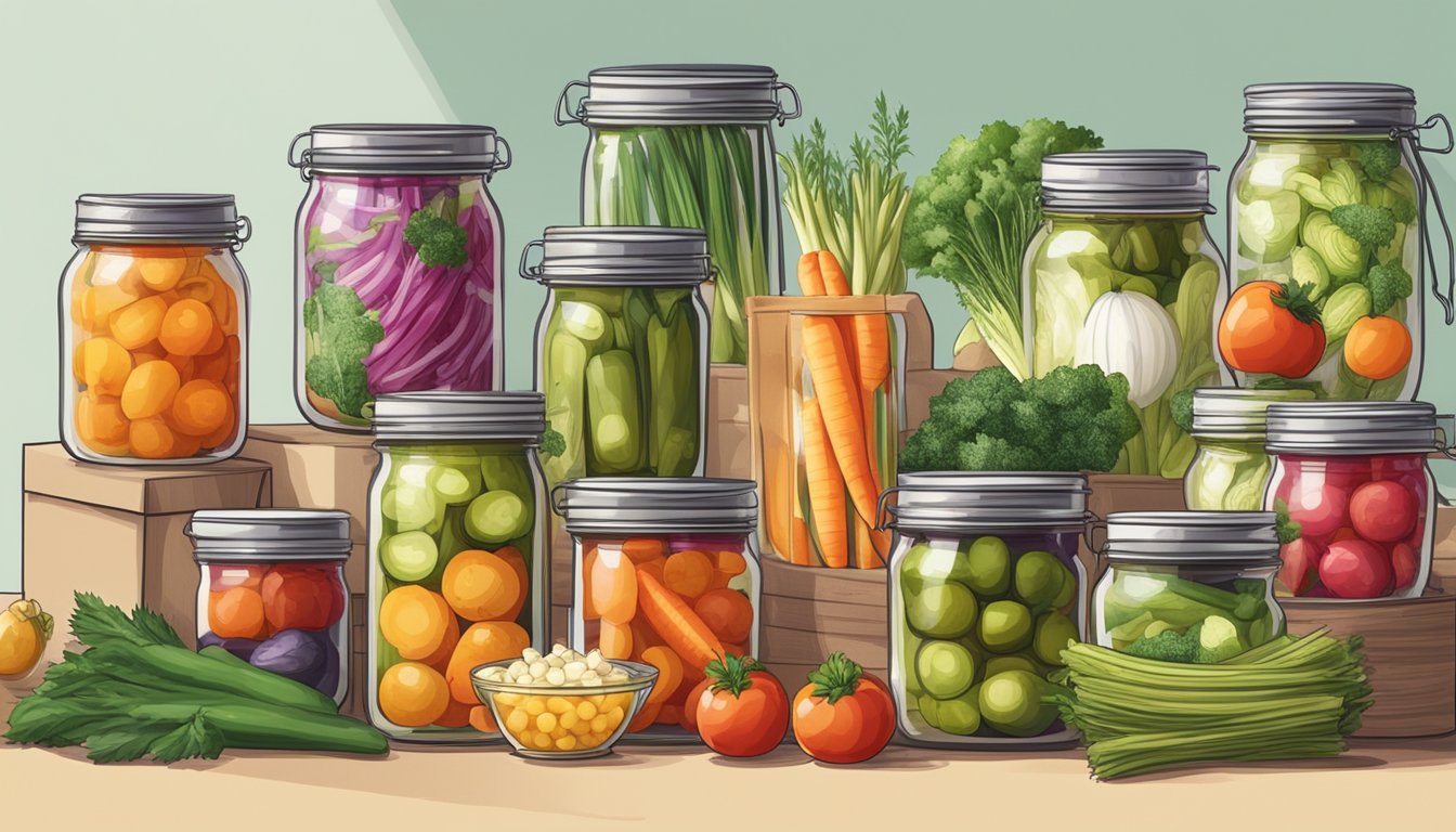 A kitchen counter filled with colorful jars of homemade pickled vegetables, surrounded by fresh produce and eco-friendly packaging