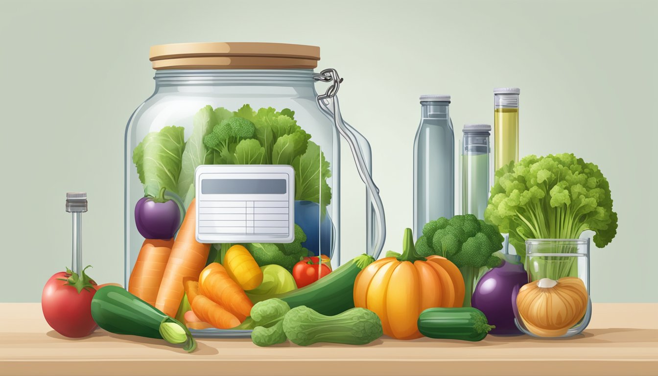 A glass jar filled with vegetables and liquid, surrounded by measuring instruments and a report on environmental impact