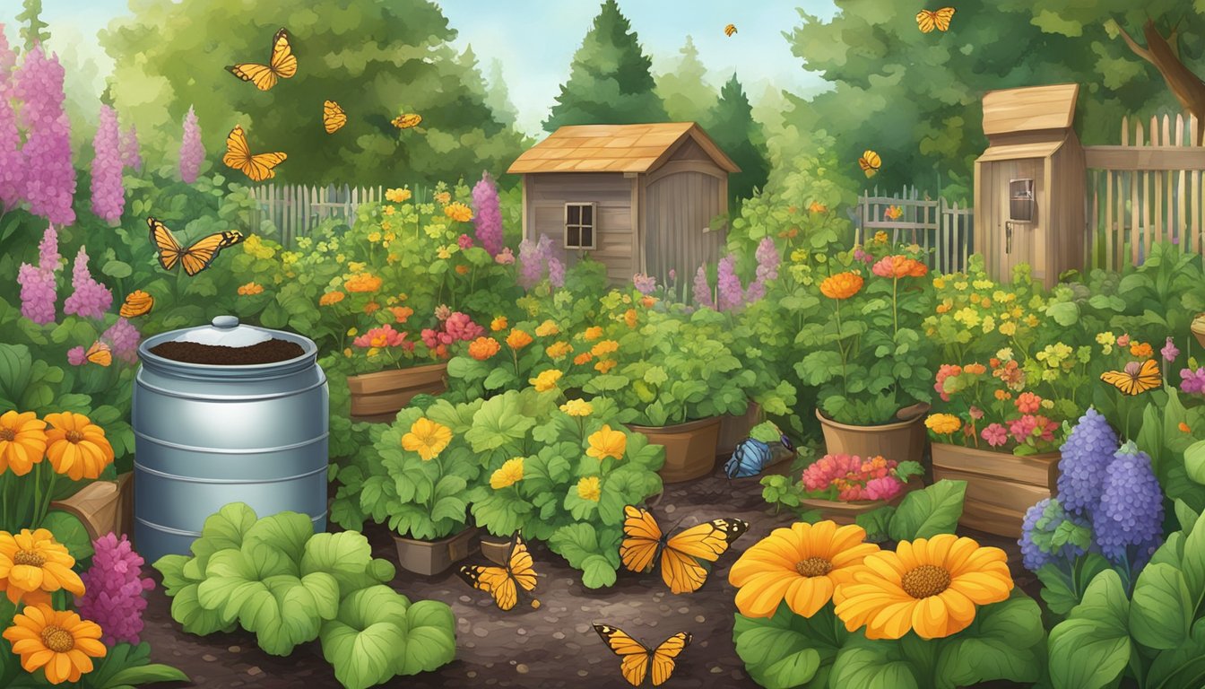 A lush garden with ripe vegetables, glass jars, and a compost bin, surrounded by bees and butterflies