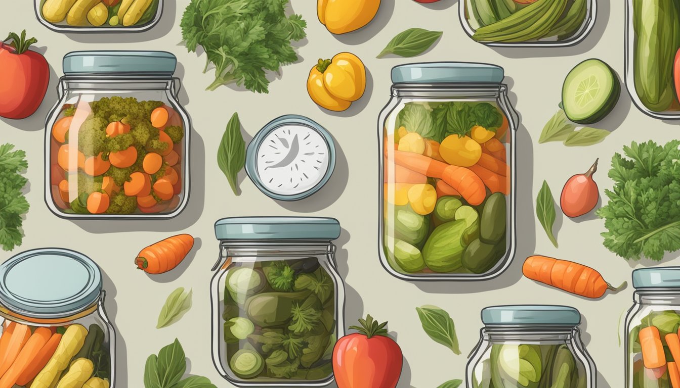 A kitchen counter with various jars of pickled vegetables, surrounded by fresh produce and eco-friendly packaging