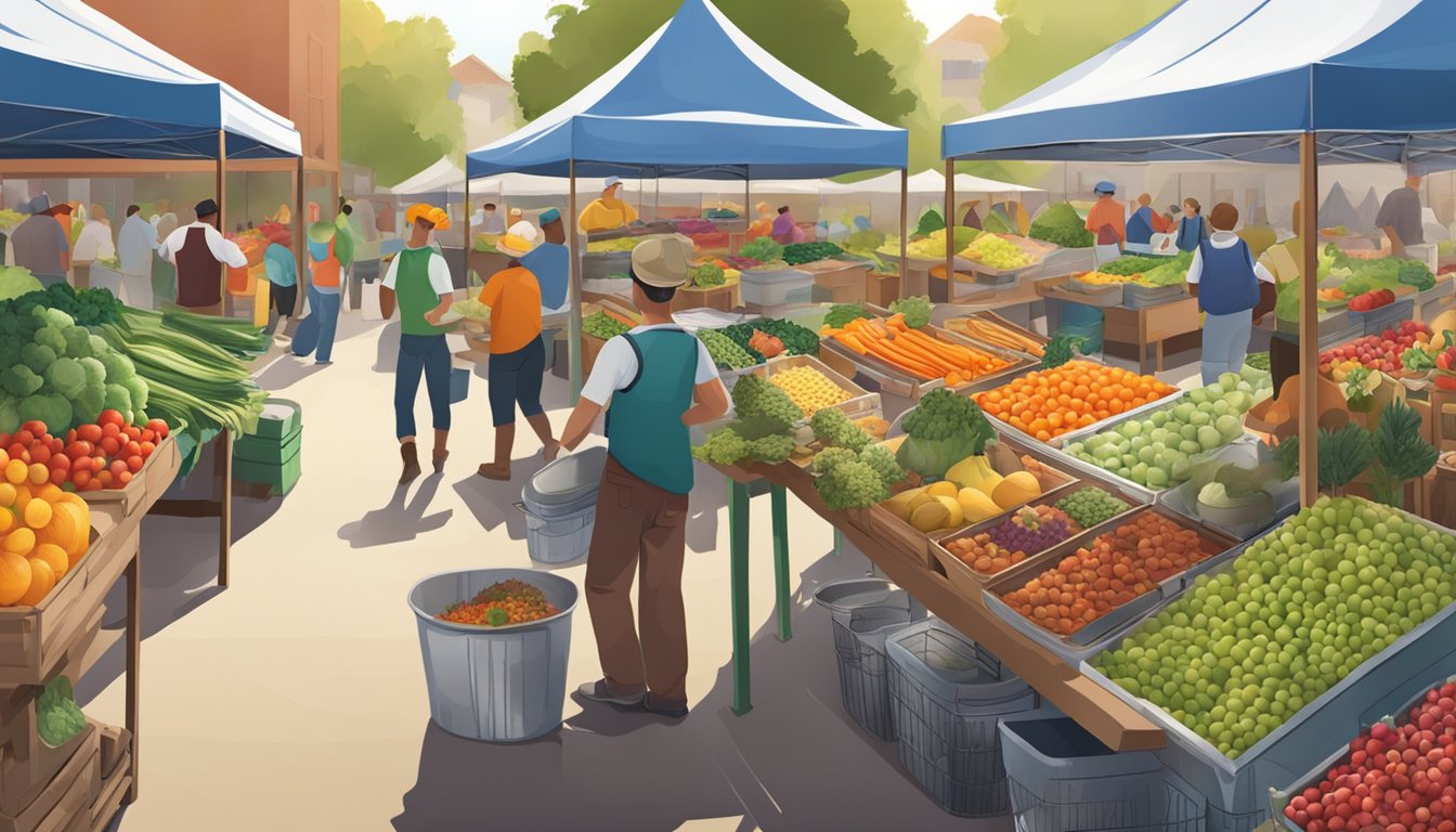 A bustling farmers market with colorful produce, compost bins, and a canner processing every part of fruits and vegetables