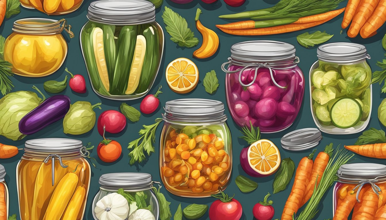 A colorful array of pickled vegetables and fruits from various cultures, surrounded by eco-friendly pickling jars and tools