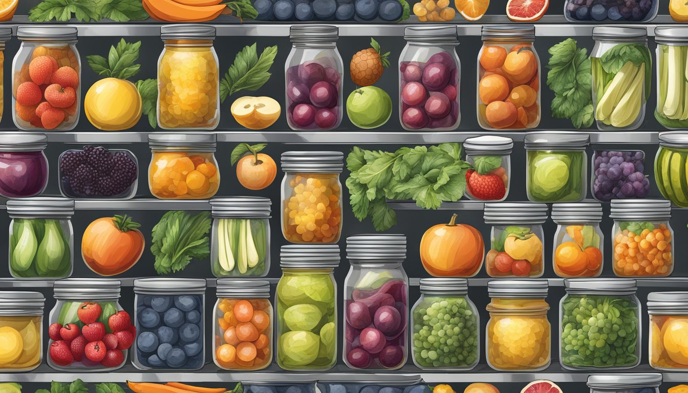 A diverse array of fruits and vegetables are being carefully processed and canned, with every part of the produce being utilized in the zero-waste canning process