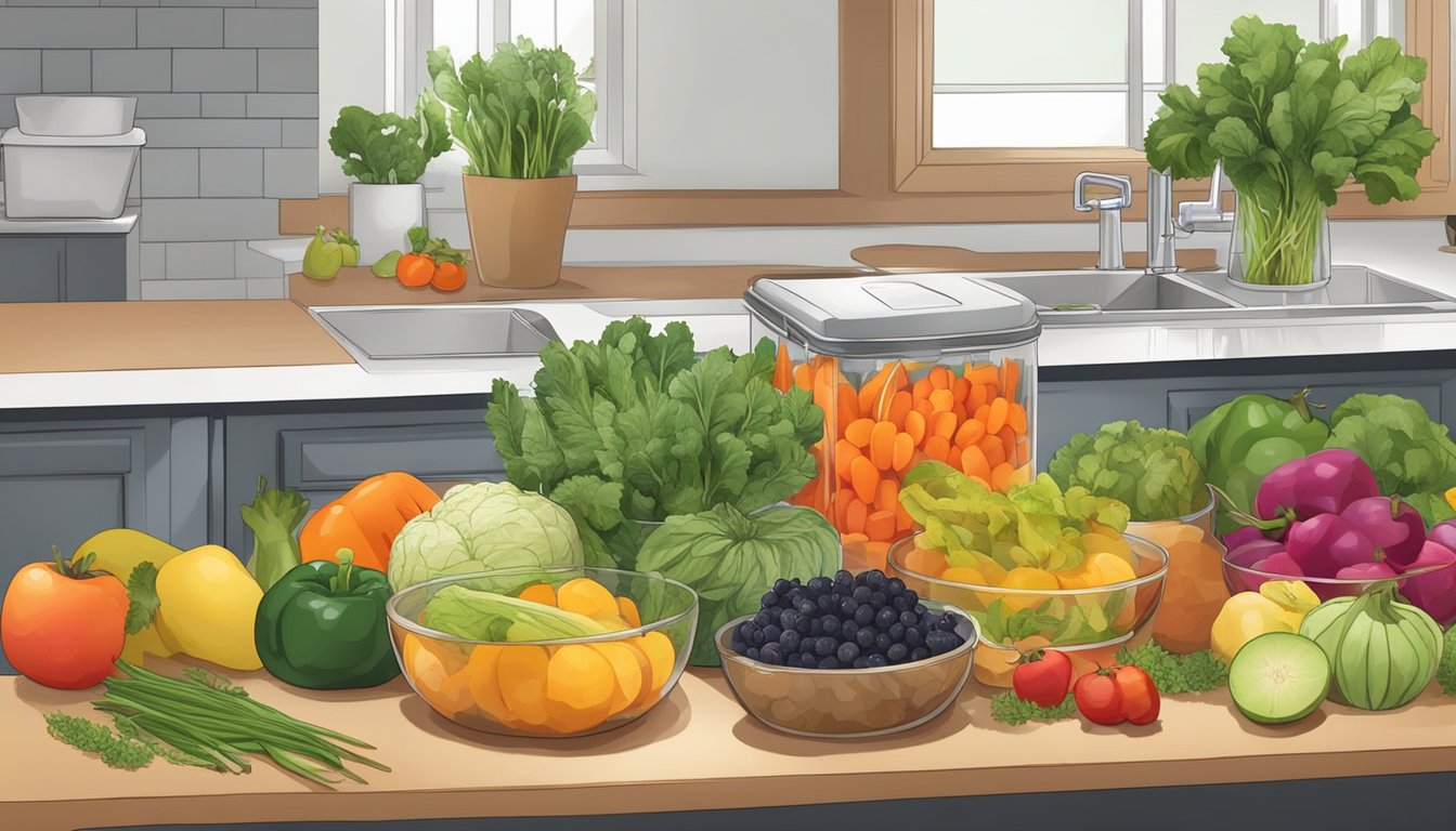 A kitchen counter with various fruits and vegetables being prepared for canning, with peels, seeds, and stems neatly organized for composting