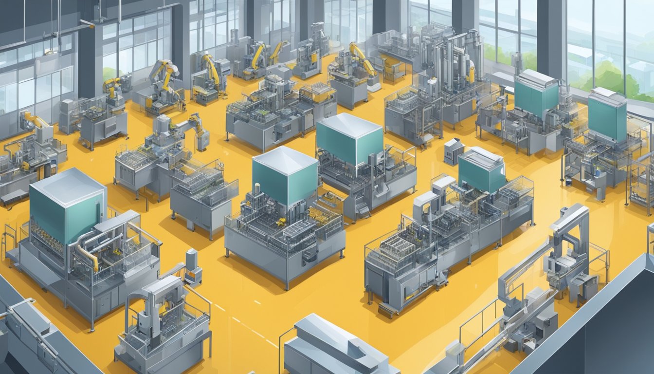 A modern canning factory with robotic arms filling and sealing cans, while high-tech machinery monitors the process