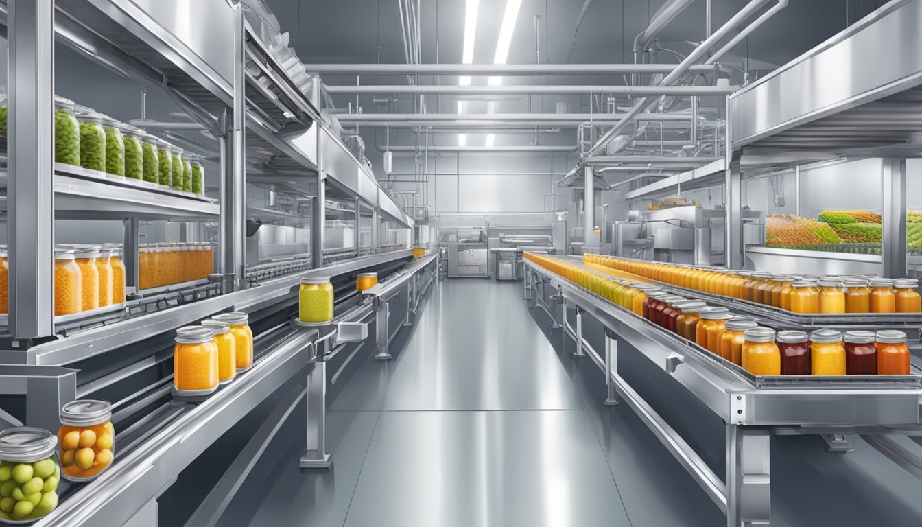 A modern, high-tech canning facility with robotic arms and conveyor belts, efficiently processing and packaging food products