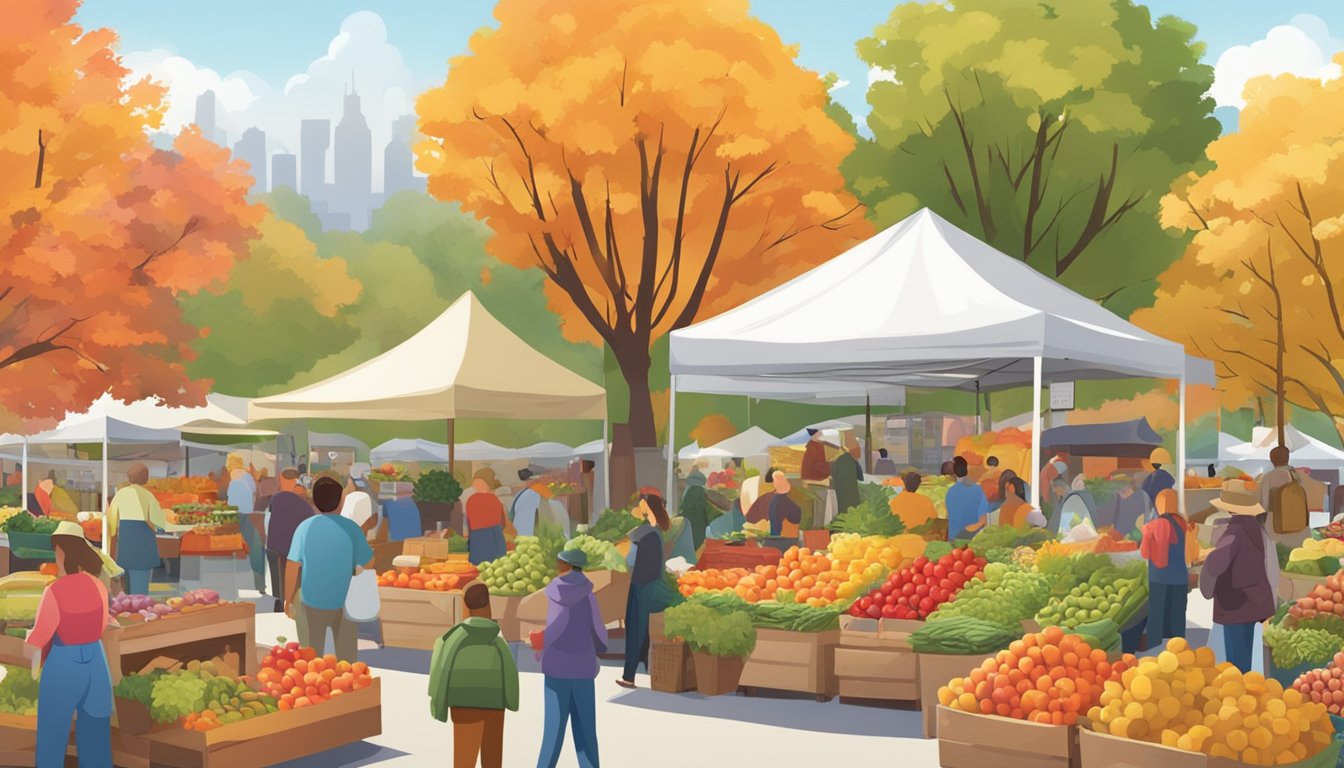 A bustling farmers' market with vendors selling fresh produce and canned goods, surrounded by colorful trees representing each season