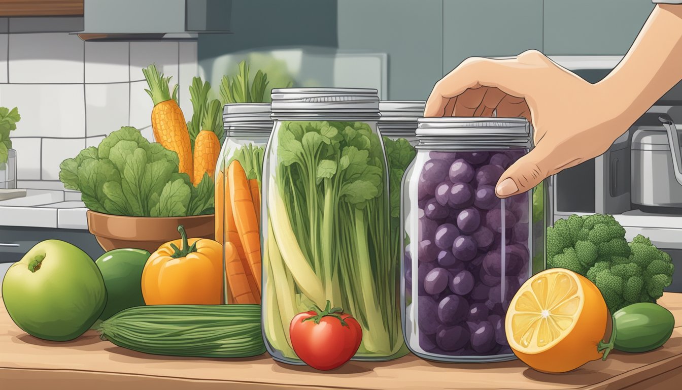 A hand reaching for a canning jar with pH strips, surrounded by fresh fruits and vegetables on a kitchen counter