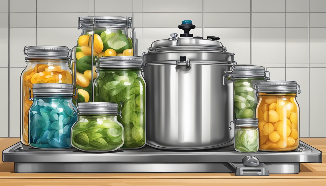 A kitchen counter with a pressure canner, jars, and a lid lifter