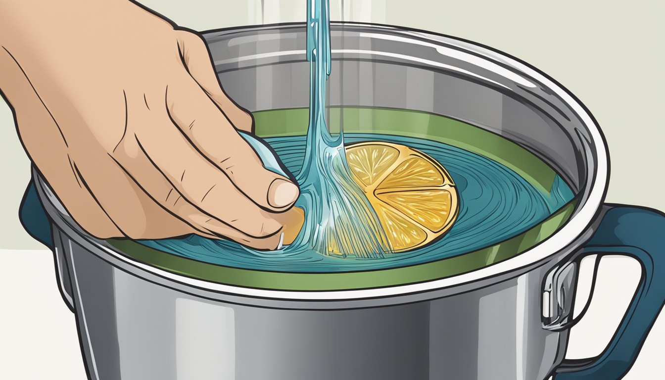 A hand holding a ph strip over a pot of boiling water