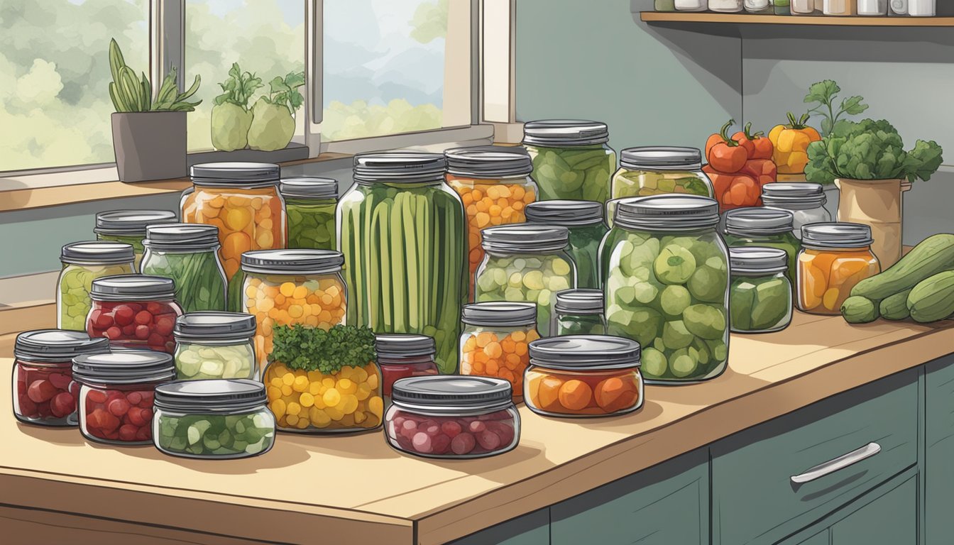 A kitchen counter with various canning supplies and fresh produce arranged neatly for small-batch canning