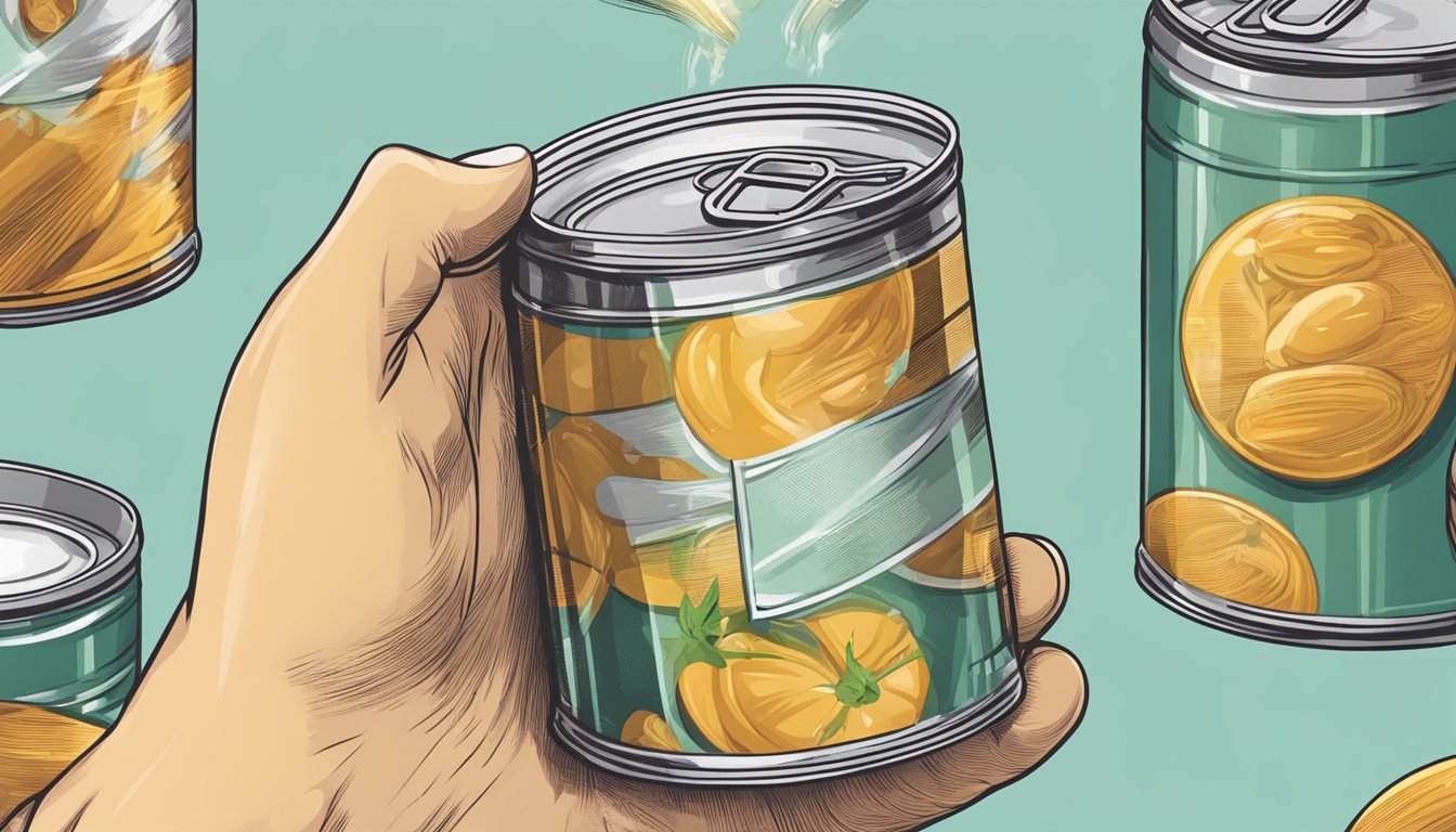 A hand reaching for a jar of canned food with a ph strip hovering above it