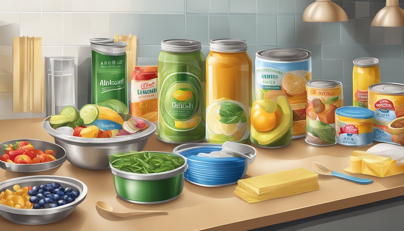 A kitchen counter with assorted canned foods and pH strips