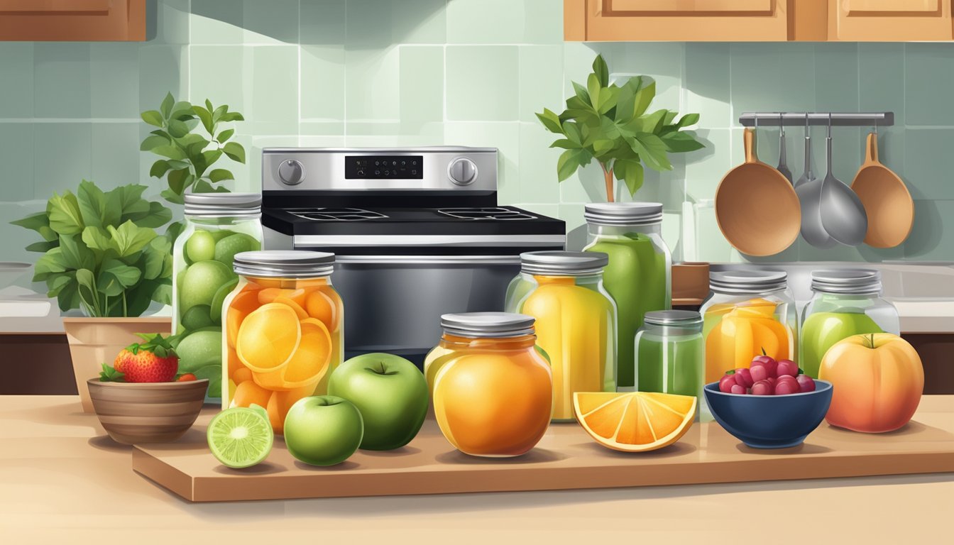 A small kitchen counter with an array of fresh fruits, glass jars, a cutting board, and a pot simmering on the stove