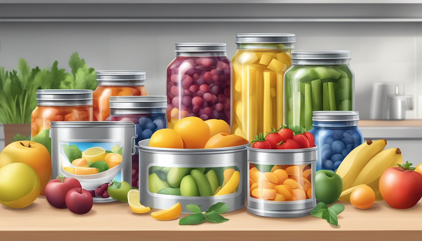 A kitchen counter with jars of canned food, a bowl of fruits, and a pack of pH strips