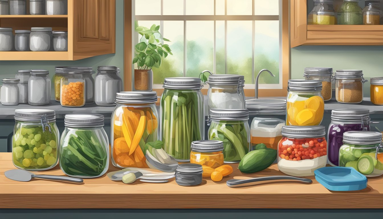 A kitchen counter with various canning supplies and equipment, including jars, lids, tongs, and pH strips