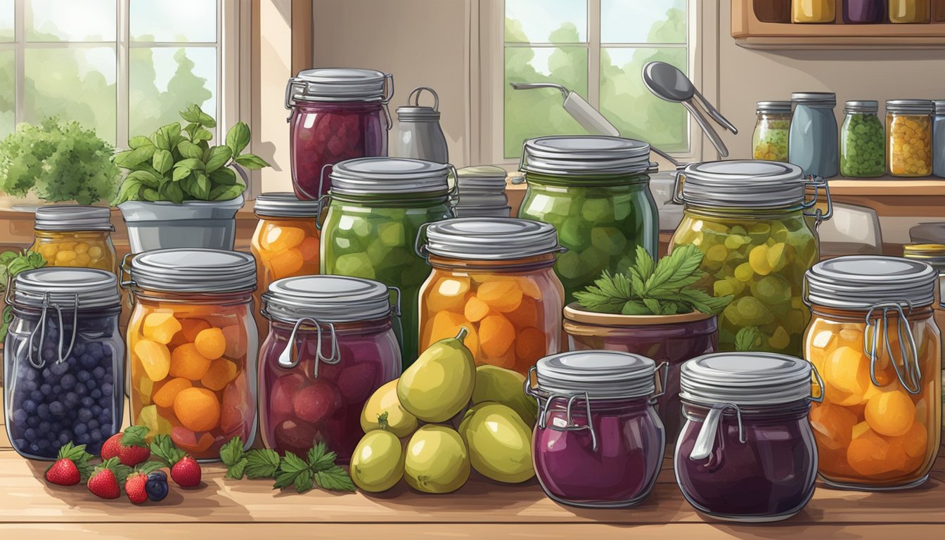 A cozy urban kitchen filled with colorful jars of homemade preserves, surrounded by fresh fruits, herbs, and canning equipment