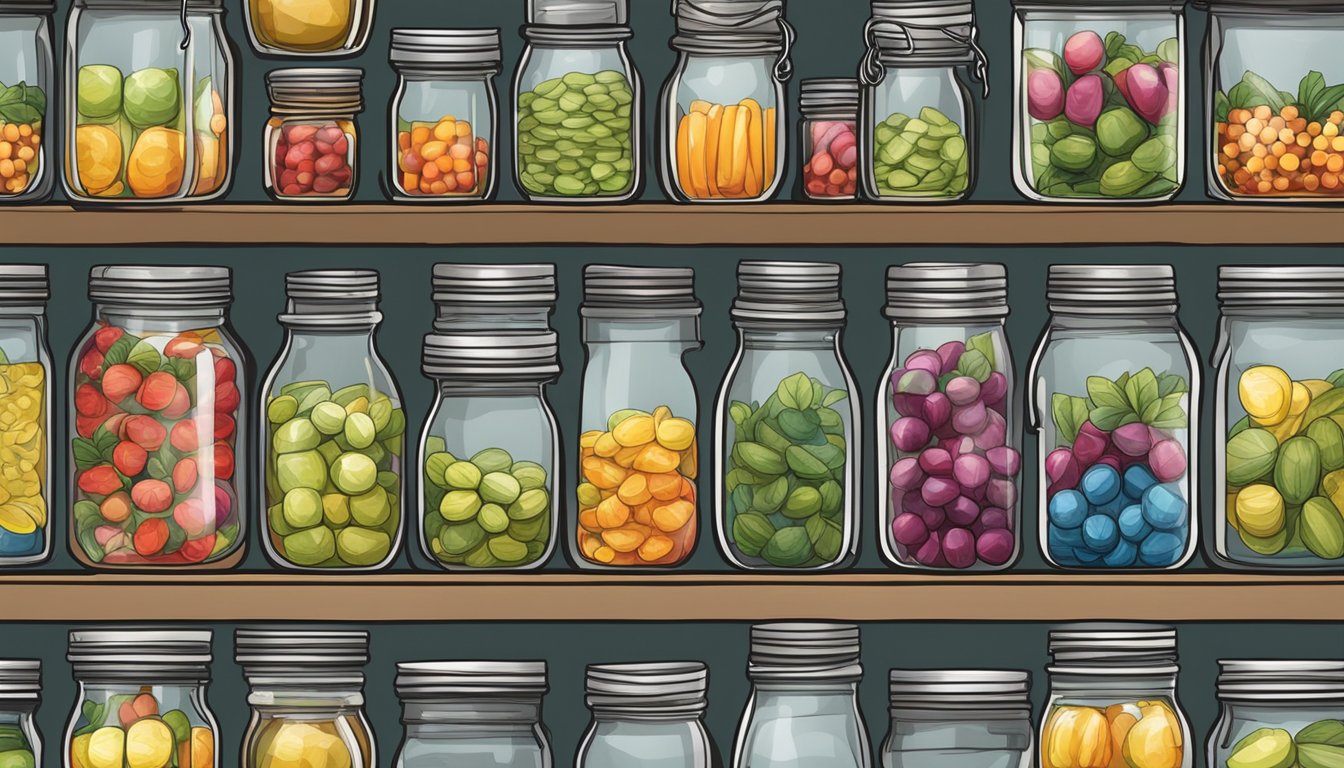 A shelf filled with various sizes of canning jars, neatly organized and ready for use