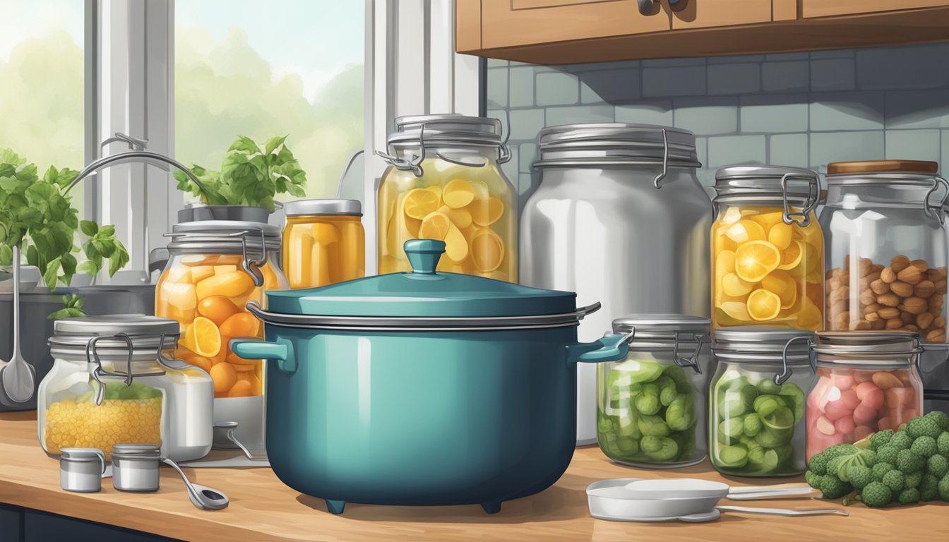 A kitchen countertop with a large pot of boiling water, surrounded by jars, tongs, and a canning rack