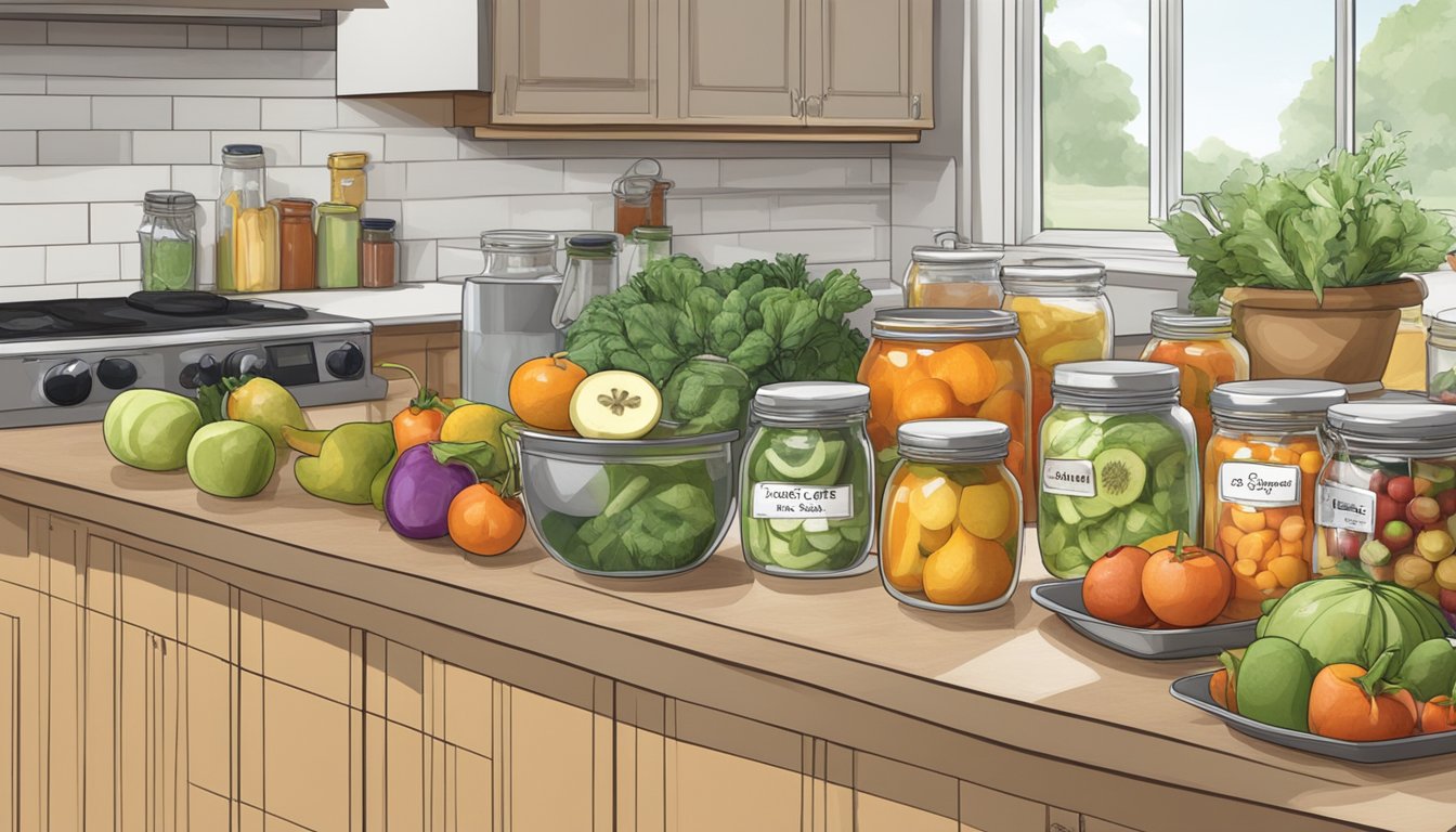 A kitchen counter with various fruits, vegetables, and jars. A scale, cutting board, and canning equipment are neatly arranged. Labels indicate low-sugar and salt-free options