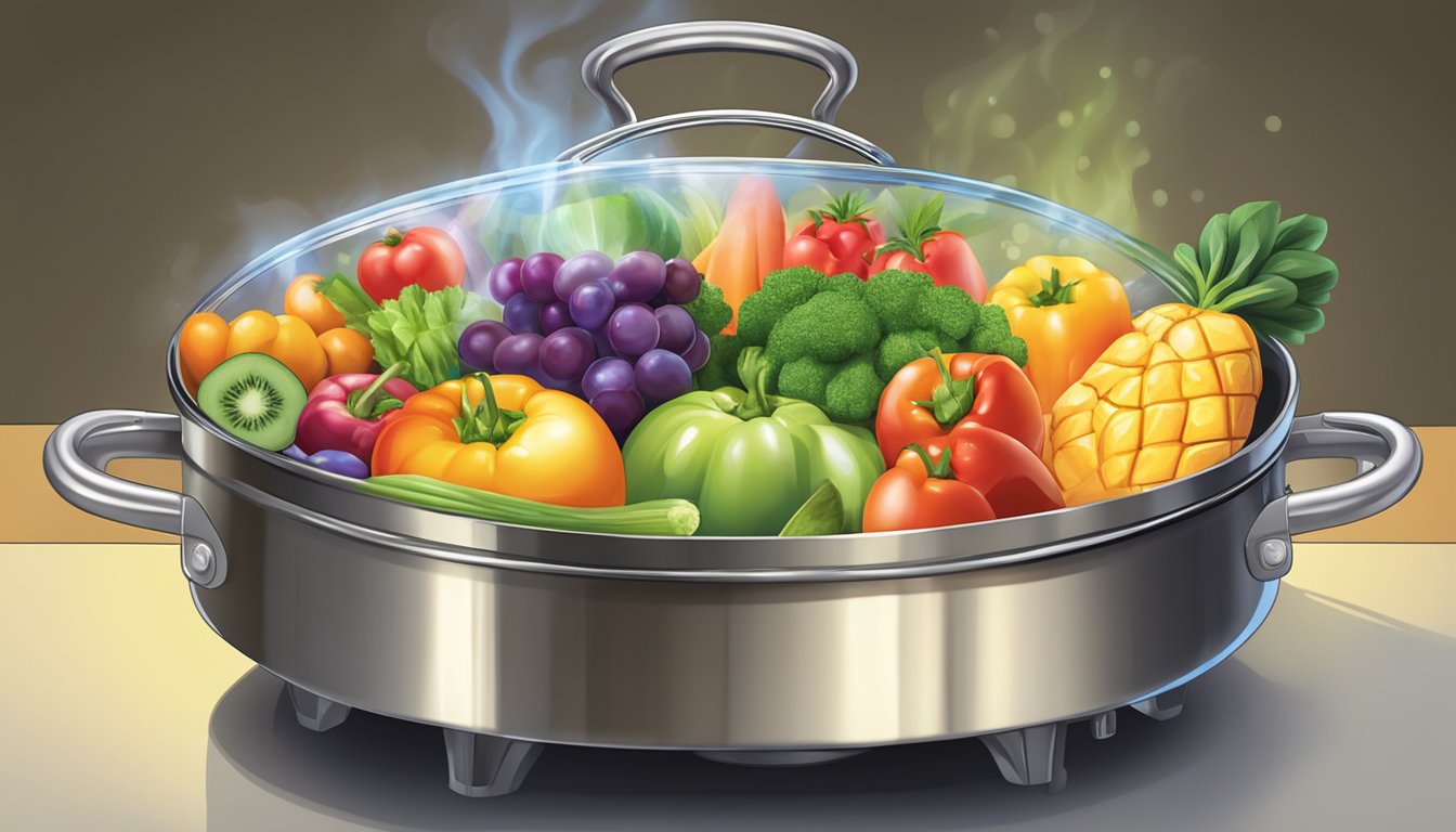 A colorful array of fresh fruits and vegetables being carefully prepared and cooked in a large, stainless steel canning pot over a glowing stovetop flame