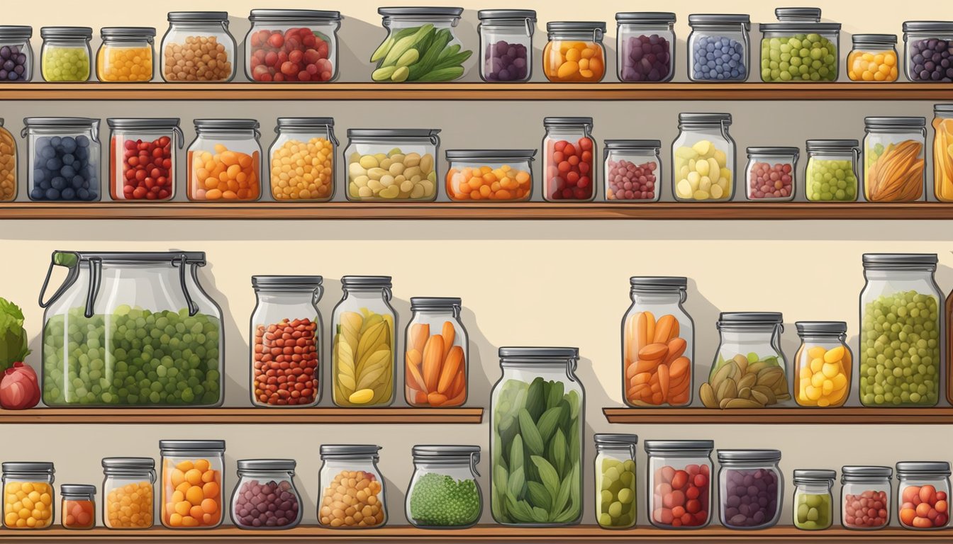 A well-stocked pantry with neatly organized shelves filled with colorful jars of preserved fruits and vegetables, conveying a sense of pride and accomplishment