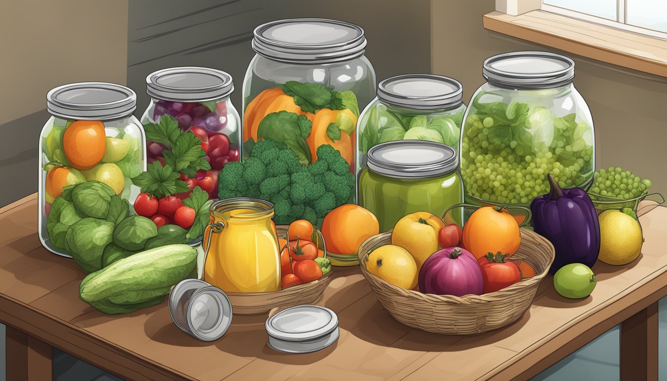 A table with assorted fruits and vegetables, a pot of boiling water, and jars and lids laid out for home canning