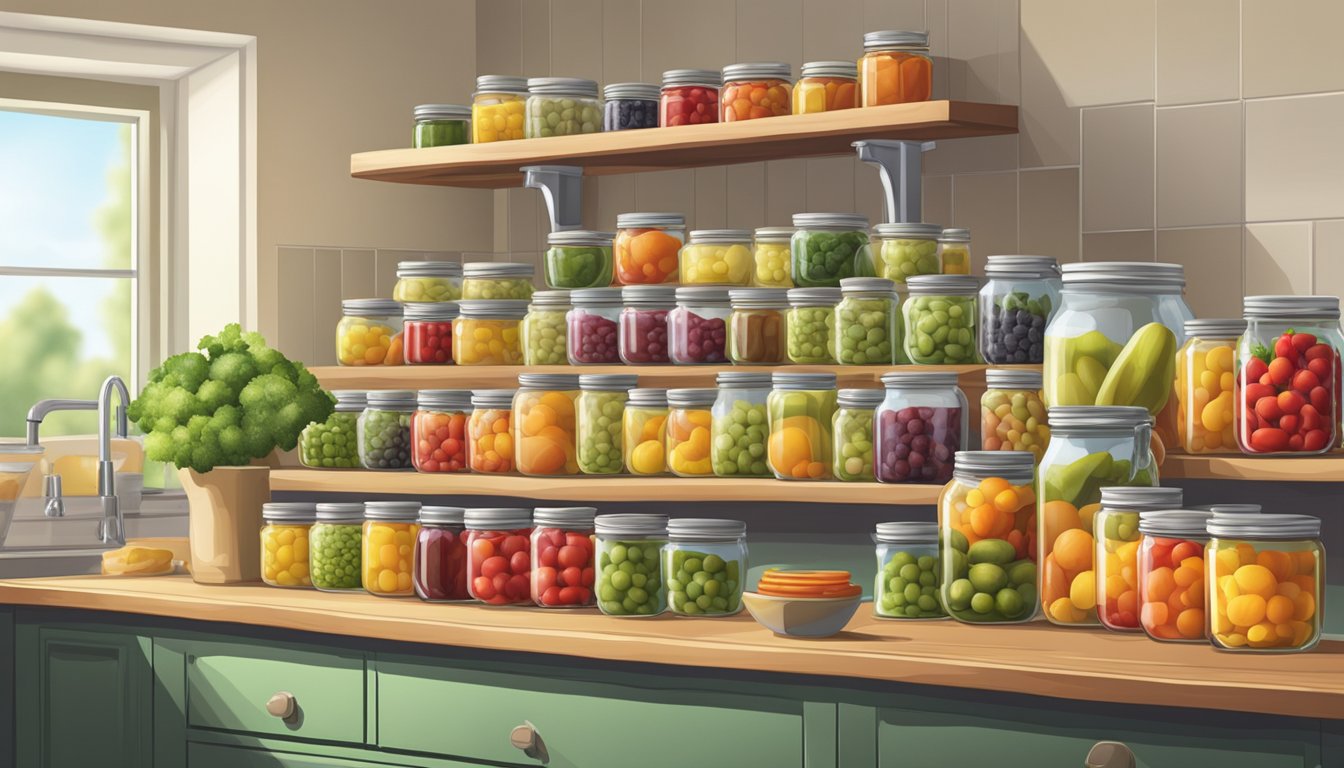 A brightly lit kitchen counter with colorful jars of canned fruits and vegetables neatly arranged in rows, showcasing the pride and satisfaction of home canning