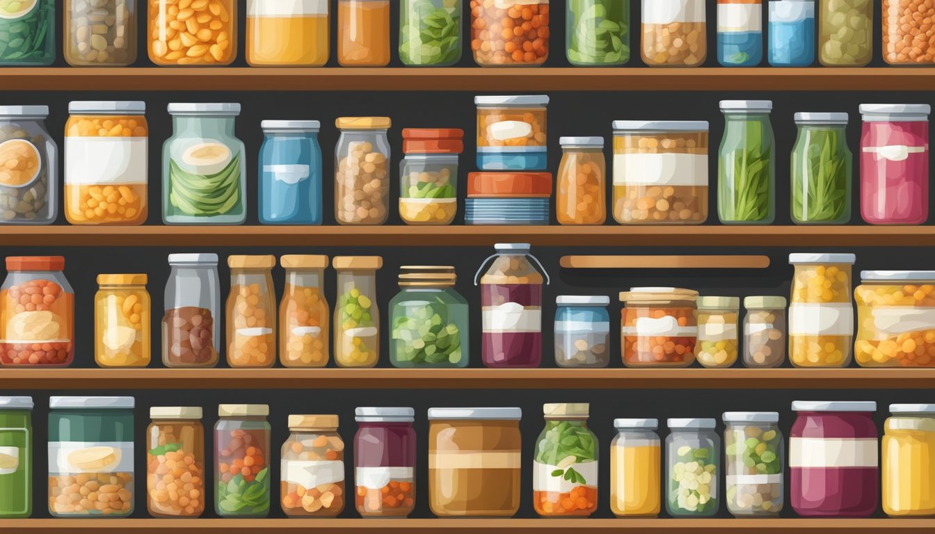 A well-stocked pantry with neatly organized shelves of colorful canned goods and preserved food items, showcasing the satisfaction and pride of kitchen mastery