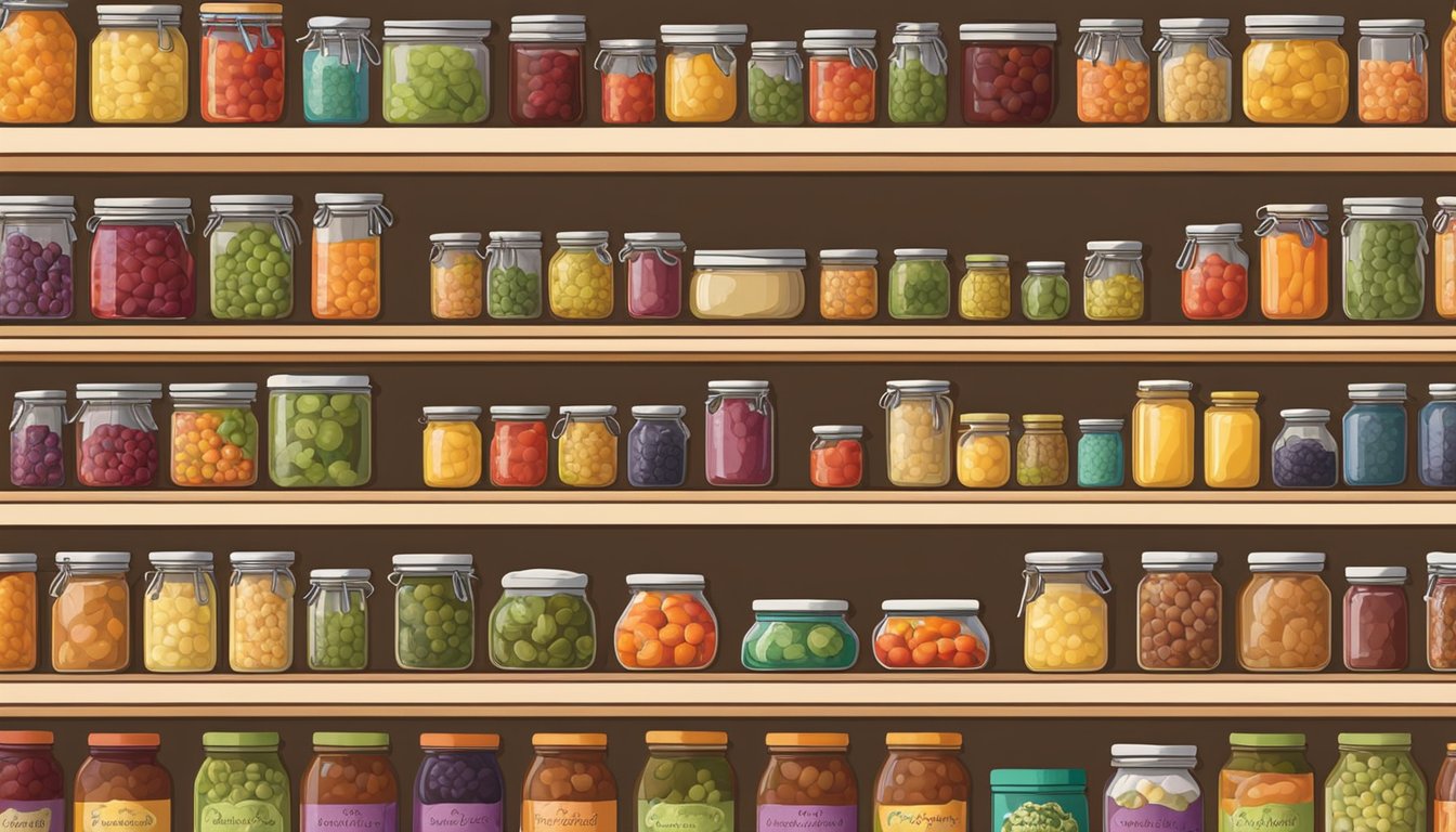 A well-stocked pantry with neatly organized shelves of preserved fruits, vegetables, and pickled items. Jars of homemade jams and sauces line the walls, showcasing the pride and care put into preserving food