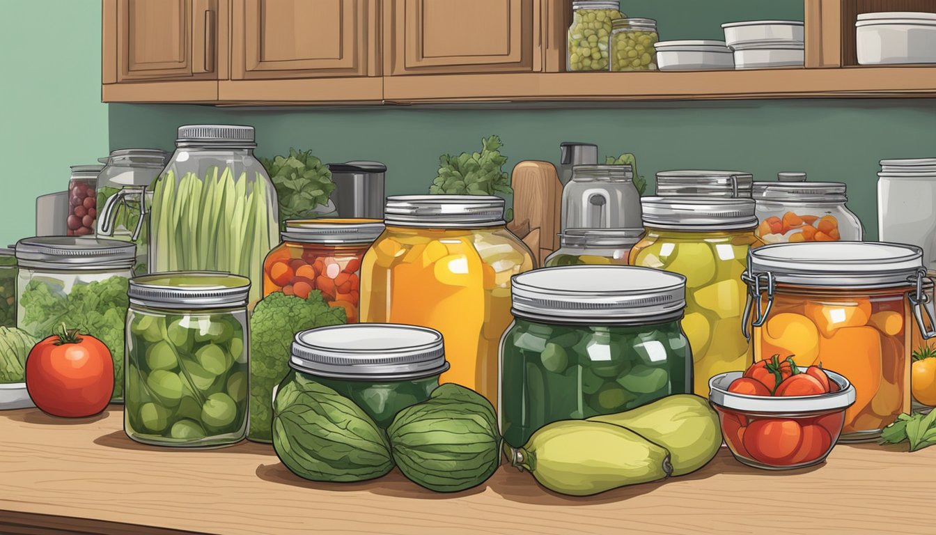 A cluttered kitchen counter with various canning supplies and fresh produce, including jars, lids, a boiling water canner, and a cutting board with fruits and vegetables