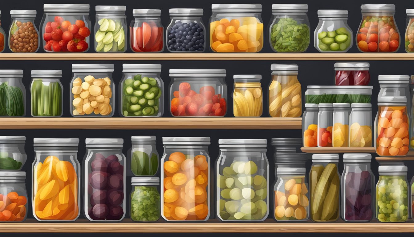 A well-stocked pantry with neatly organized shelves filled with jars of preserved fruits and vegetables, showcasing the pride and satisfaction of home canning