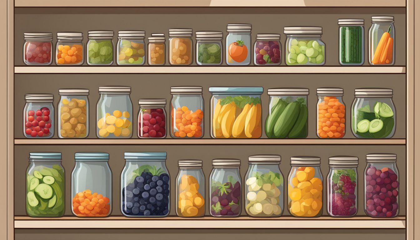 A well-organized pantry with neatly labeled jars of preserved foods, shelves stocked with colorful fruits and vegetables, and a sense of pride and accomplishment evident in the arrangement