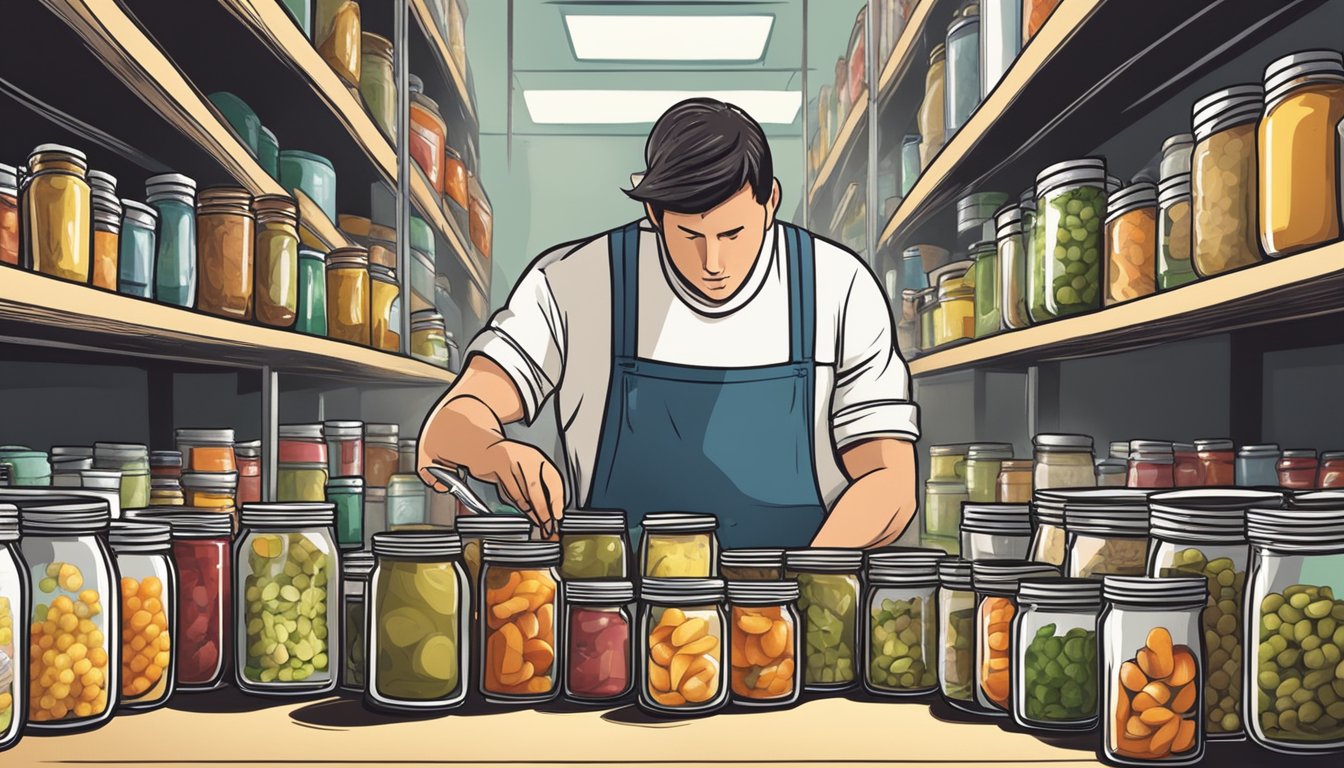 A person inspecting jars of canned food, surrounded by various canning equipment and ingredients, with a look of determination and focus