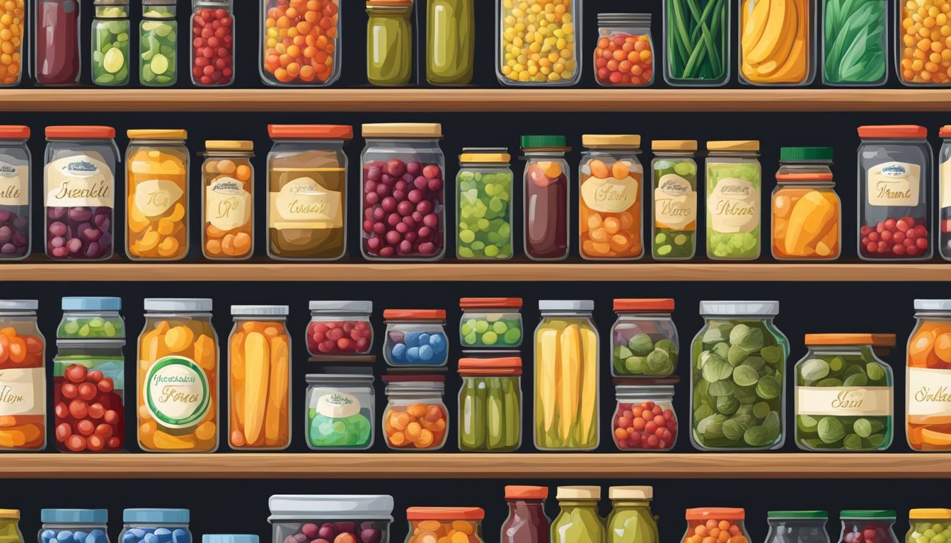 A well-stocked pantry with neatly organized shelves filled with colorful jars of canned fruits, vegetables, and preserves. A sense of pride and satisfaction emanates from the scene