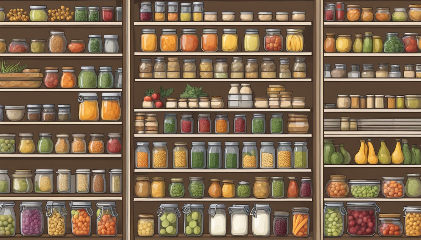 A fully stocked pantry with neatly arranged shelves and rows of preserved fruits, vegetables, and homemade goods, reflecting personal and collective accomplishments in canning and food preservation